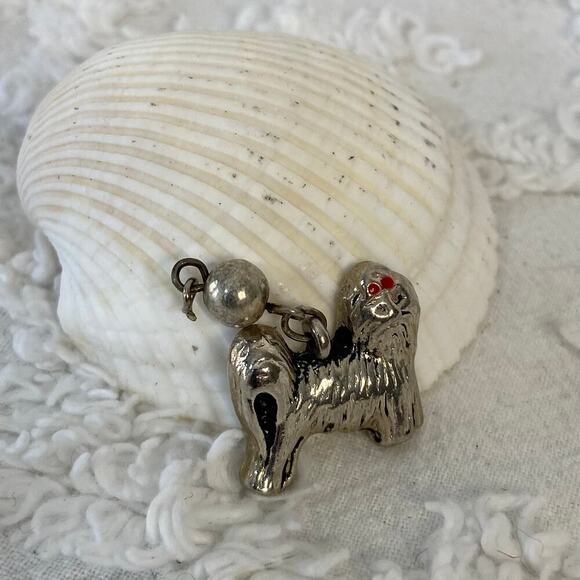 MALTESE Puppy W/Red Ribbon Pendant Charm Silver Keepsake Memorabilia Collectible - Picture 1 of 4